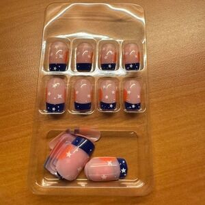 Press On Nails Short Square Blue Star Orange Accent‎ False Nail Set